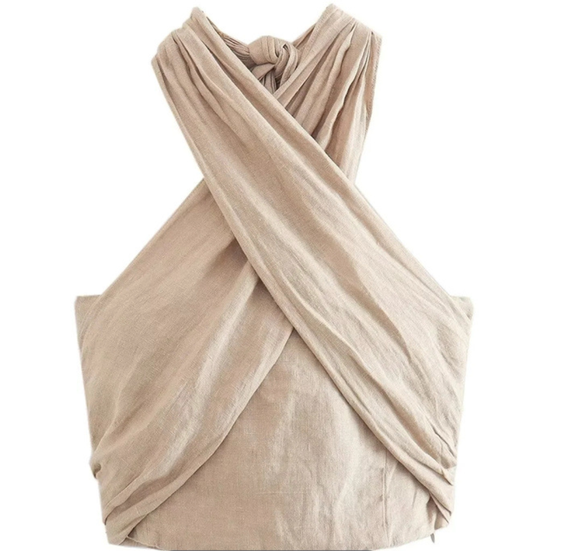 Airy Halter Crop Top with Crisscross Neckline